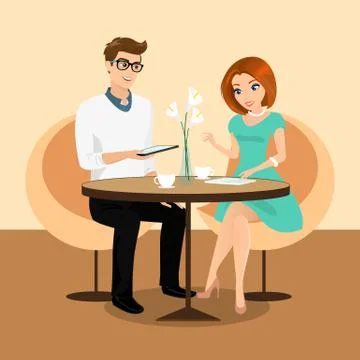 Young man and woman using a tablets pc in the restaurant. Stock Illustration