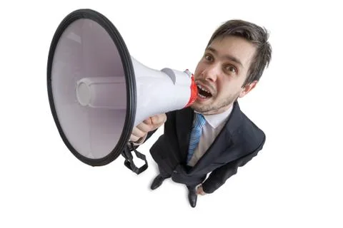 Young man is announcing a message with megaphone. View from above 스톡 사진