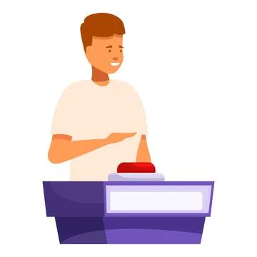 Young man answering question and pushing red button in quiz show Illustrazione stock
