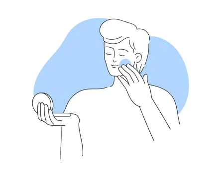 Young man applying compact powder to facial skin with sponge Stock Illustration