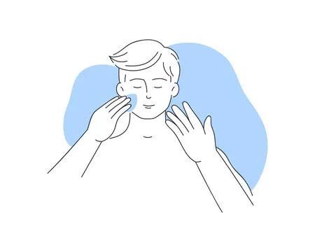 Young man applying drop of foundation to facial skin with beauty blender sponge Stock Illustration