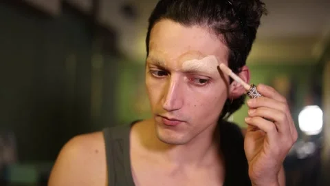 Young man applying foundation makeup on forehead Stock Footage 346375153