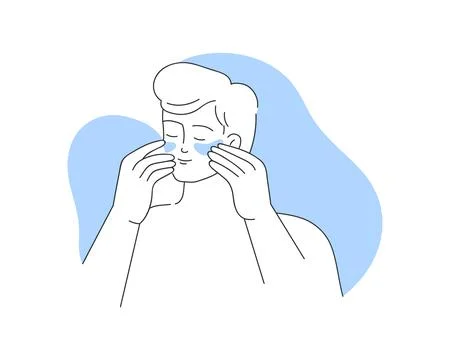 Young man applying moisturizing patches to skin under eyes for hydration Stock Illustration
