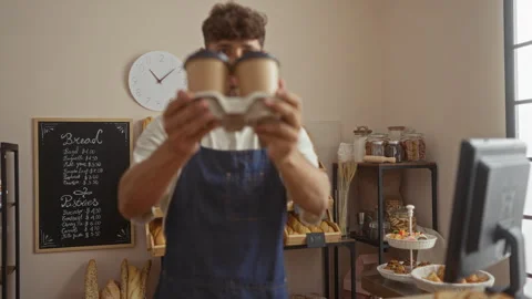 Young man in apron holding coffee cups in cozy bakery with shelves full of .. Stock Footage 285745652