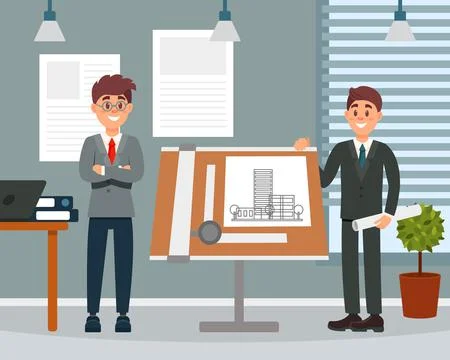 Young Man Architect and Engineer Worker in Suit Showing Project Blueprint Vector Stock Illustration