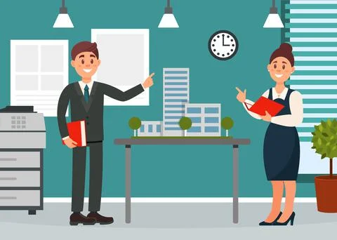 Young Man Architect and Engineer Worker in Suit Showing Project Blueprint Vector Stock Illustration