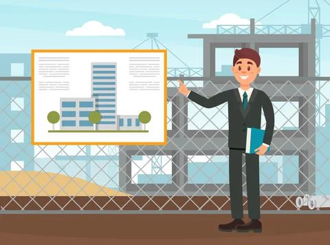 Young Man Architect and Engineer Worker in Suit Showing Project Blueprint Vector Stock Illustration