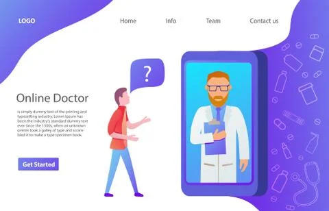 The young man ask a route in the smartphone. Web page. Website template. Flat Stock Illustration