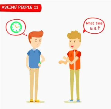 Young man ask the time to his friend, Two man talking about the time, What ti Stock Illustration