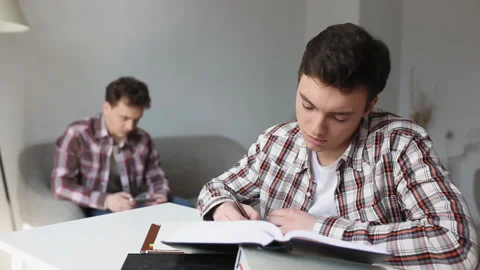 A young man asks a friend or brother to help him with his homework. Brother Stock Footage 131091323