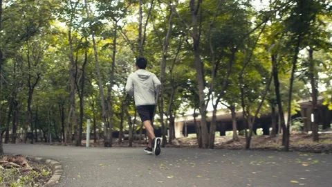 Young man athlete running in a public park and enjoying beautiful forests. Stock Footage
