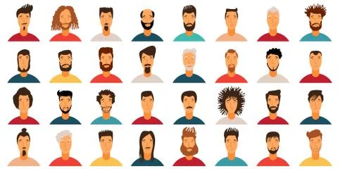 Young Man Avatar flat style vector icon set. Male Faces icon design collection Illustrazione stock