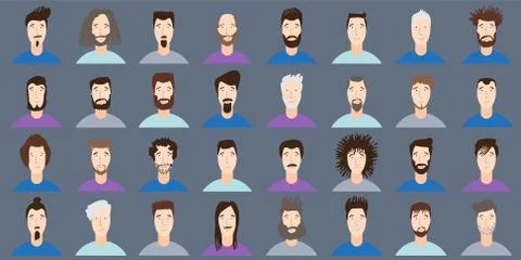 Young Man Avatar flat style vector icon set. Male Faces icon design collection Stock Illustration