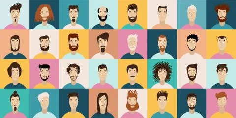 Young Man Avatar flat style vector icon set. Male Faces icon design collection Stock Illustration