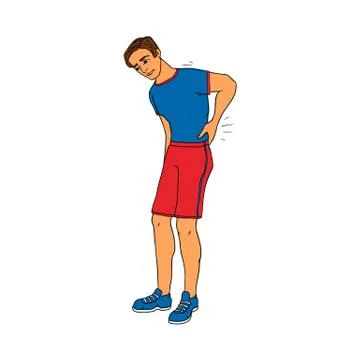 Young man with backache touching his lower back because of pain isolated on Illustrazione stock