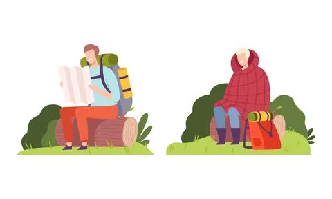 Young Man with Backpack Camping Sitting on Log with Map Vector Illustration Set Illustrazione stock