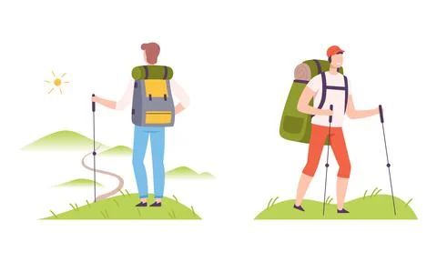 Young Man with Backpack Camping Walking with Pole Vector Illustration Set Ilustración de archivo