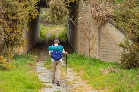 Young man with backpack hiking Stock Photos