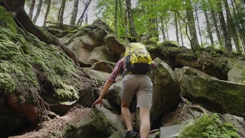 Young man with backpack hiking uphill on rocky forest path, dynamic movemen.. Stock Footage 334518966