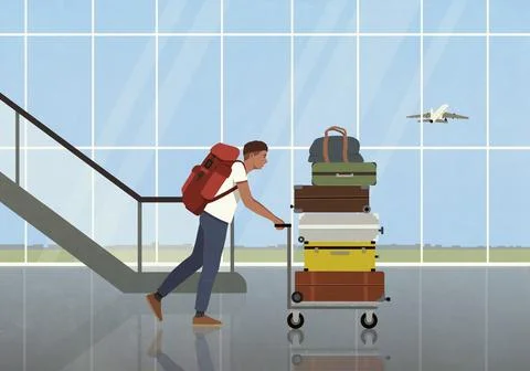 Young man with backpack pushing cart with stack of suitcases in airport Stock Illustration