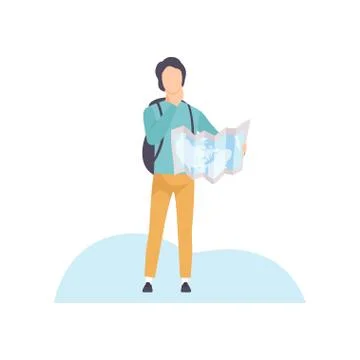 Young Man with Backpack Standing and Exploring Terrain on Map Vector Illustrazione stock