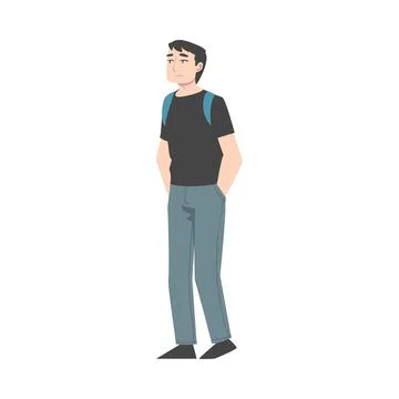 Young Man with Backpack Standing and Waiting Cartoon Style Vector Illustration Stockillustratie