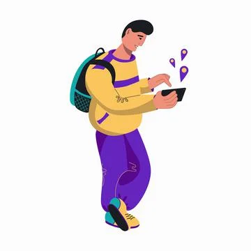 A young man with a backpack uses a smartphone. Stock Illustration