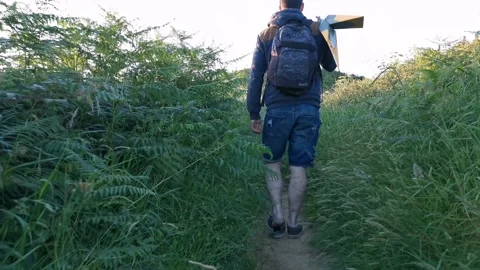 Young man with backpack walking on paths Stock Footage 130855010