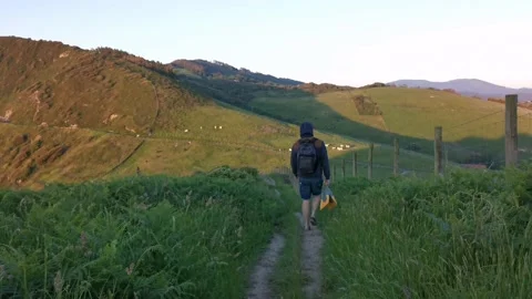 Young man with backpack walking on paths Stock Footage 130855072