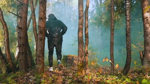 Young man with backpack walking through tall trees in sunny forest, rear view 動画素材 152585572