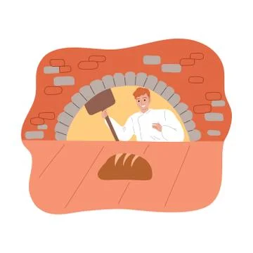 Young man baker baking bread in oven vector illustration 스톡 일러스트