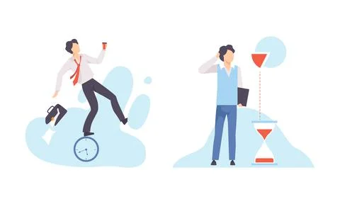 Young Man Balancing on Dial Piece and Watching Time Flowing in Hourglass Vector Stock Illustration