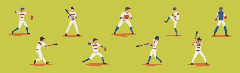 Young Man Baseball Player Playing Bat-and-ball Game Vector Set Stock Illustration