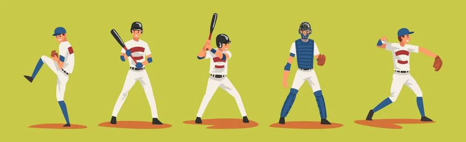 Young Man Baseball Player Playing Bat-and-ball Game Vector Set Stock Illustration