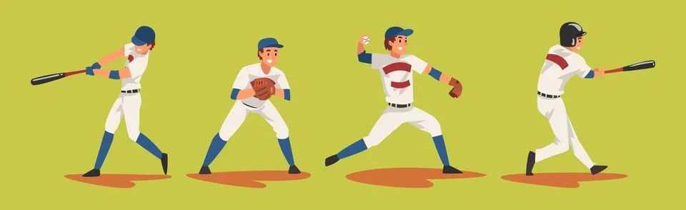 Young Man Baseball Player Playing Bat-and-ball Game Vector Set Stock Illustration