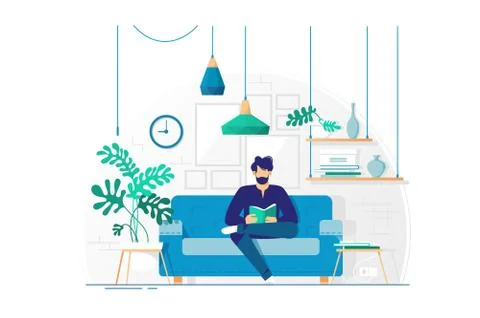 Young man with beard reading book sitting on couch. Illustrazione stock