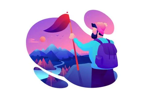 Young man with beard, red flag on top of mountain in background of forest and Stock Illustration