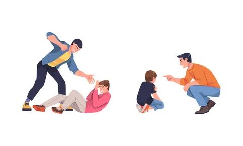 Young man beating another. Father treating his son. Domestic violence, conflicts Stock Illustration