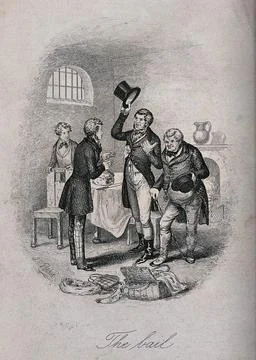 A young man being visited in a prison cell by two men bringing bail. Etchin.. Stock Illustration