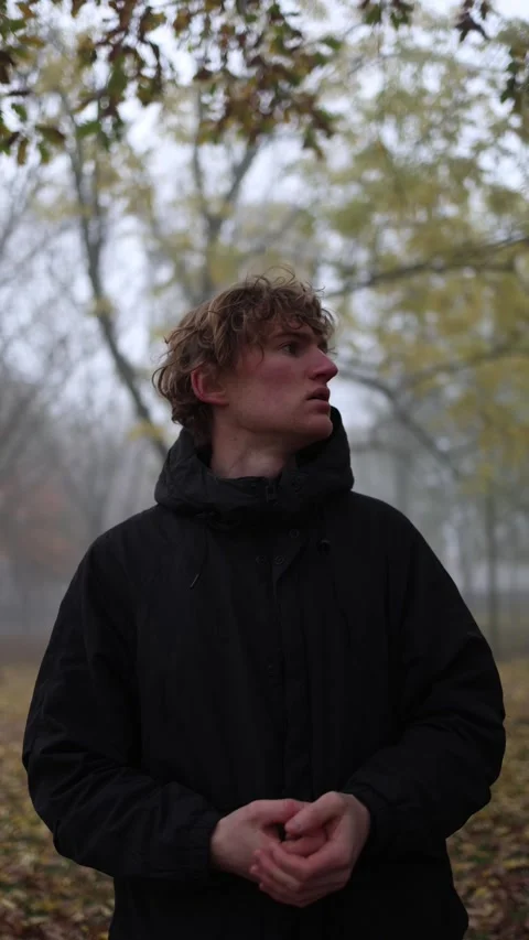 A young man in a black jacket stands in a foggy forest, looking around with a co Stock Footage 290187252