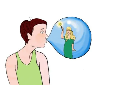 Young Man Blowing Blue Bubble Gum with Fairy Princess Ilustração Stock