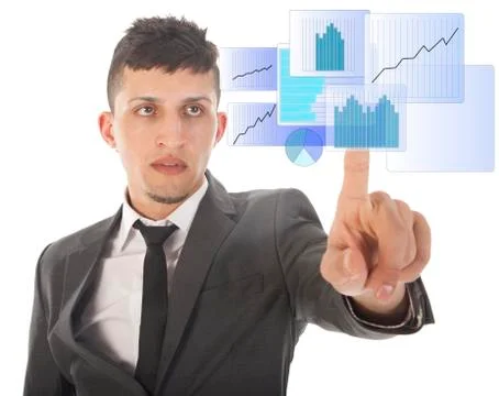 Young man with blue virtual graph isolated on white background Stock Photos