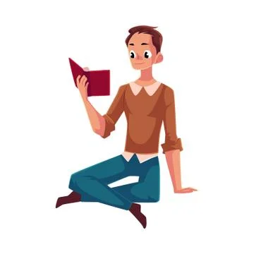 Young man, boy reading book sitting on the floor Illustrazione stock