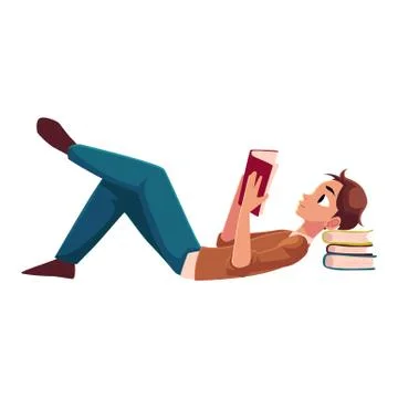 Young man, boy reading book lying on the floor Stock Illustration