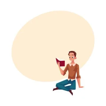 Young man, boy reading book sitting on the floor Illustrazione stock