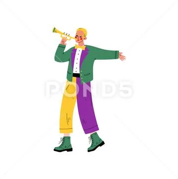 Young Man in Bright Traditional Mardi Gras Costume Playing Trumpet, Guy Stock Illustration