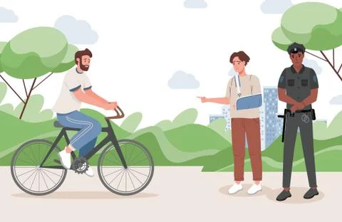 Young man with a broken arm points the policeman at the criminal man vector flat Stock Illustration