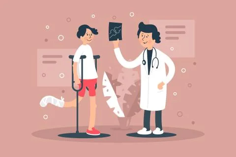 Young man with broken leg, bone in doctor s office at reception. Stock Illustration