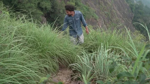 Young man brushing his hand over bushes on hilltop nature travel india Stock Footage 109610748
