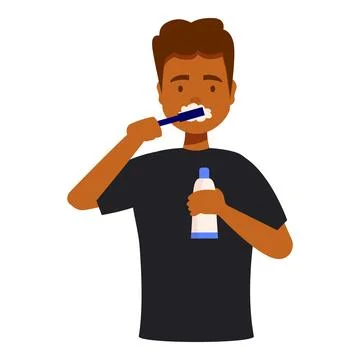 Young man brushing his teeth with toothpaste holding toothbrush in bathroom Ilustración de archivo